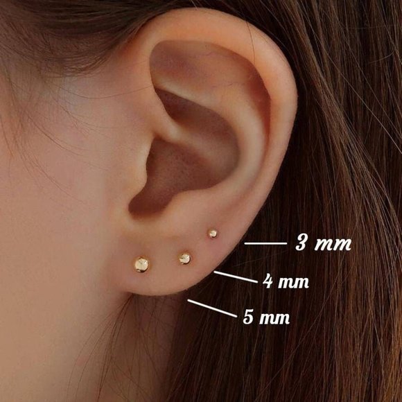 10K Real Solid Gold Ball Stud Earrings, Minimalist Hypo Allergenic Tiny Studs - Picture 2 of 7